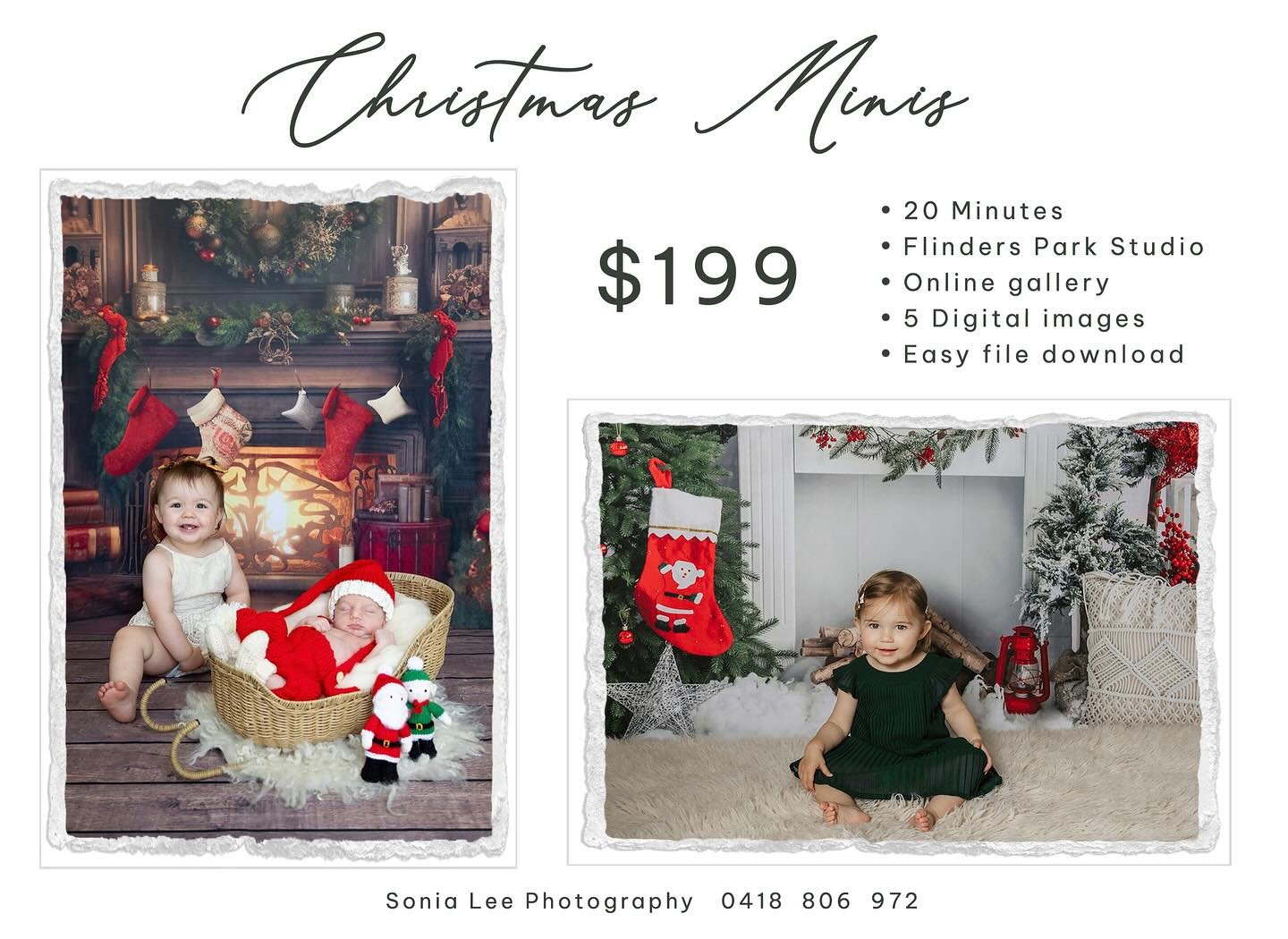 **Announcing this year’s Christmas Mini shoot sessions!
Only $199, our lowest price ever!!**

- Takes only 20 Minutes
- Held in my Flinders Park Studio
- Online gallery to choose your images
- Receive 5 High resolution Digital images
- Easy file download

* Full payment is required upon booking your session.

Session dates are:
Saturday 8th November, 2025
Saturday 15th November, 2025

BOOKING LINK is in the BIO👆🎅📸

#christmasminisessions #christmasminis #sonialeephotography #adelaidephotographer #photoshootsessions